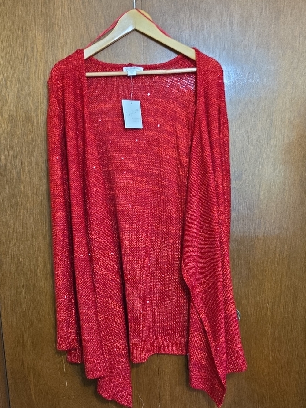 Open-Front Red Sparkle Knit Cardigan Sweater
